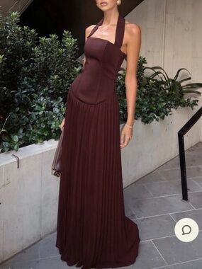 Meshki Stacie Chocolate Brown Halter Drop Waist Maxi Dress